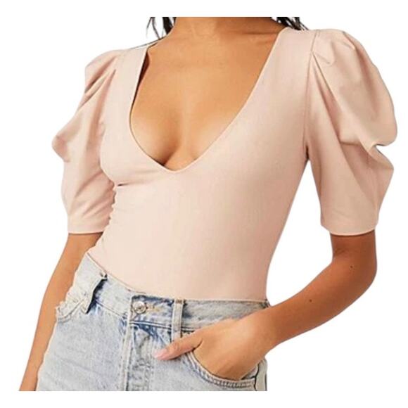 Free People bodysuit Va Va Voop knit deep v neck tan size X-Small XS - Picture 1 of 7